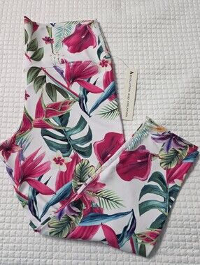 NWT Evolution and Creation White Leggings with Pink & Green Tropical Print